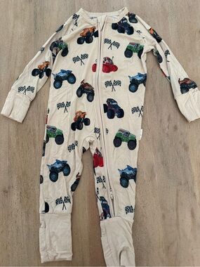 Beige Monster Jam Zip-Up One-Piece Convertible Footie for Infants
